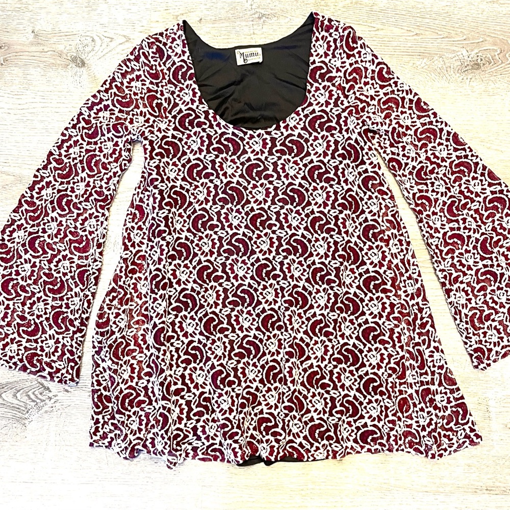 Show Me Your MuMu Maroon and Beige Patterned Bell Sleeves Blouse Size S